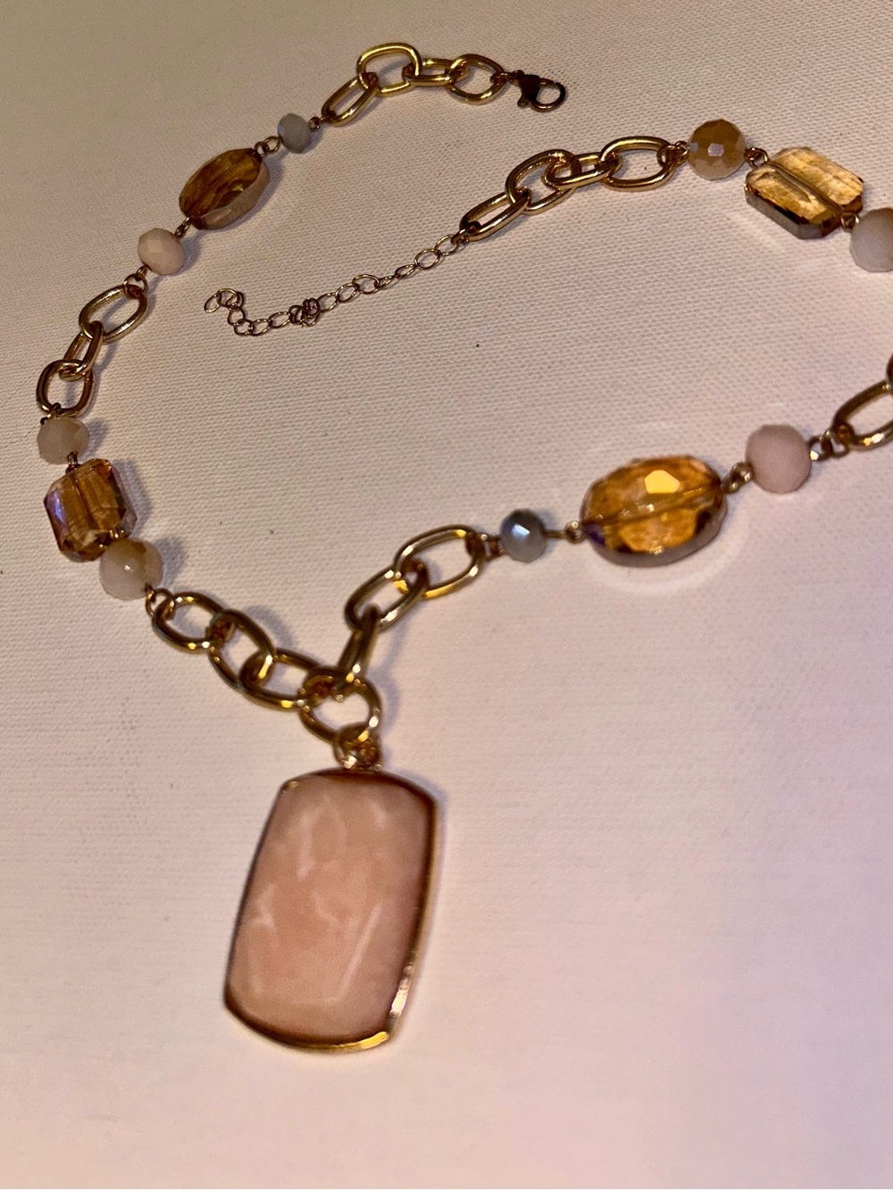 Gold Chain Necklace with Pink Pendant and Amber Beads